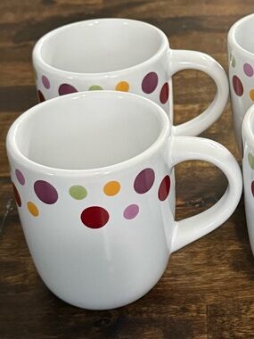 Pampered Chef White Ceramic Mugs with Multicolor Dot Pattern - Set of 4